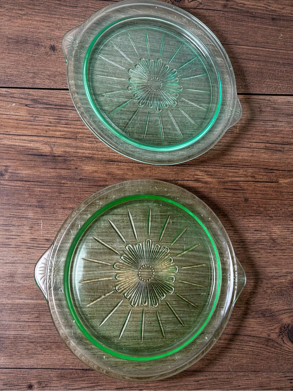 Green Glass Serving Plates with Floral Design Set of 2